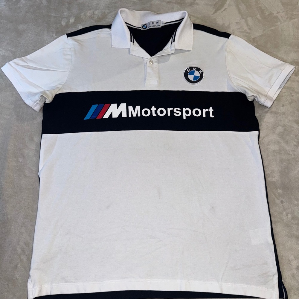 BMW M Motorsport Mens Polo Shirt White Black Colorblock Logo Size L
